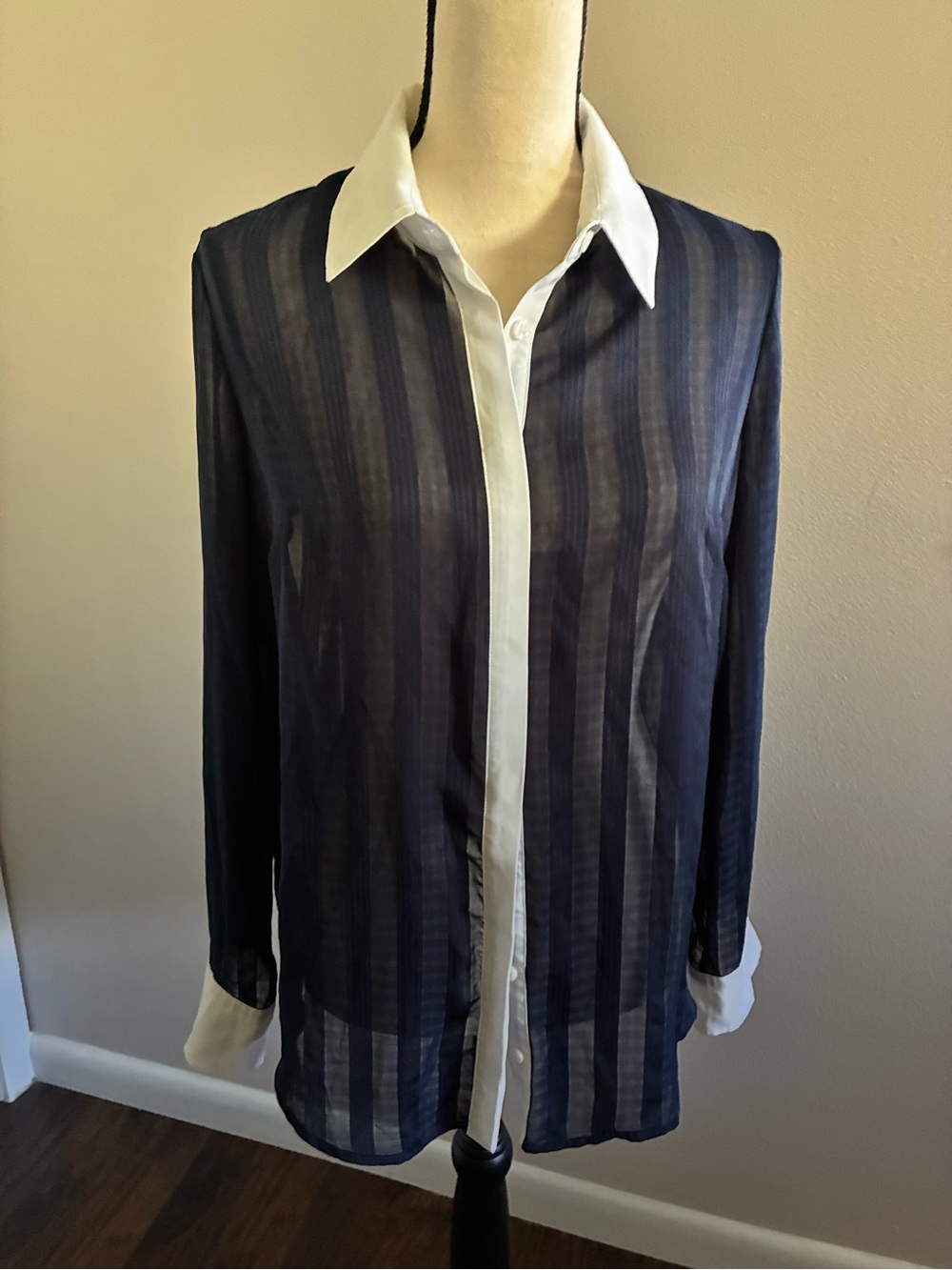 BCBGeneration Navy Sheer Button-Front Shirt Jacket with White Trim
